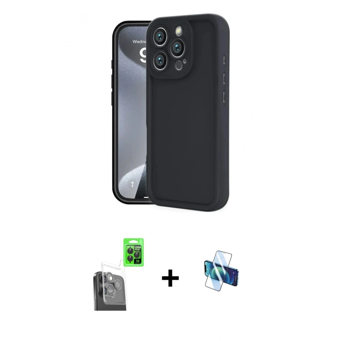MARSİLYAN™- iPhone 16 Pro Kılıf Yankı Yansıma Özel Seri - Siyah 3D Antistatik Seramik Nano Ekran Koruyucu + Raze Metal Kamera Lens - SH