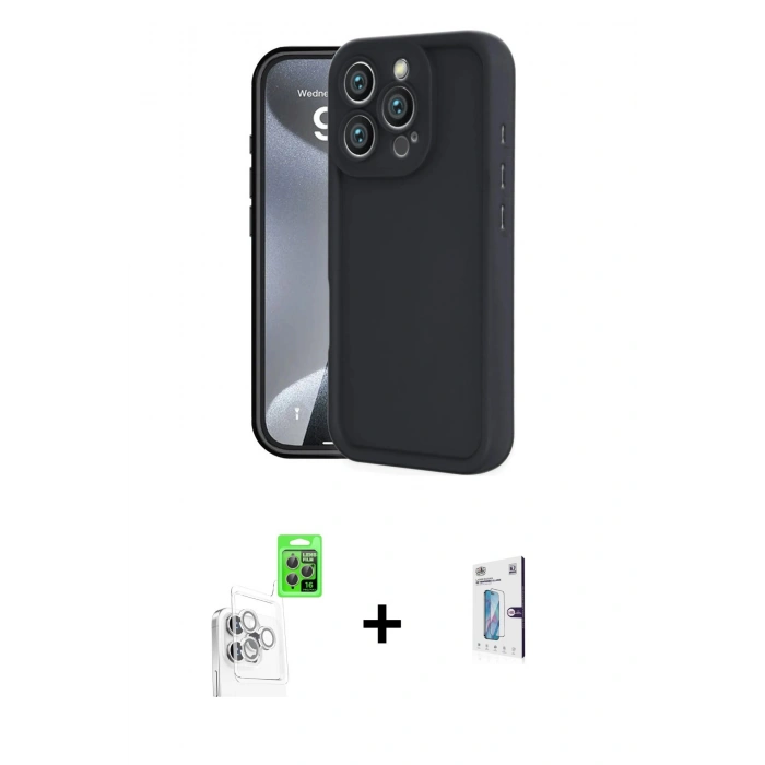 MARSİLYAN™- iPhone 16 Pro Kılıf Yankı Yansıma Özel Seri - Siyah Bilvis 0.18mm Plus Cam Ekran Koruyucu + Raze Metal Kamera Lens - BZ