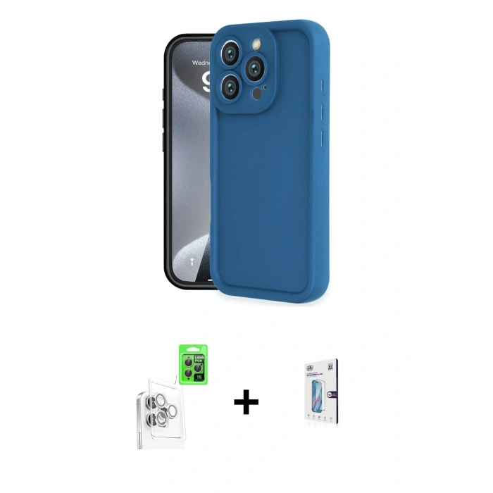 MARSİLYAN™- iPhone 16 Pro Kılıf Yankı Yansıma Özel Seri - Siyah Bilvis 0.18mm Plus Cam Ekran Koruyucu + Raze Metal Kamera Lens - BZ