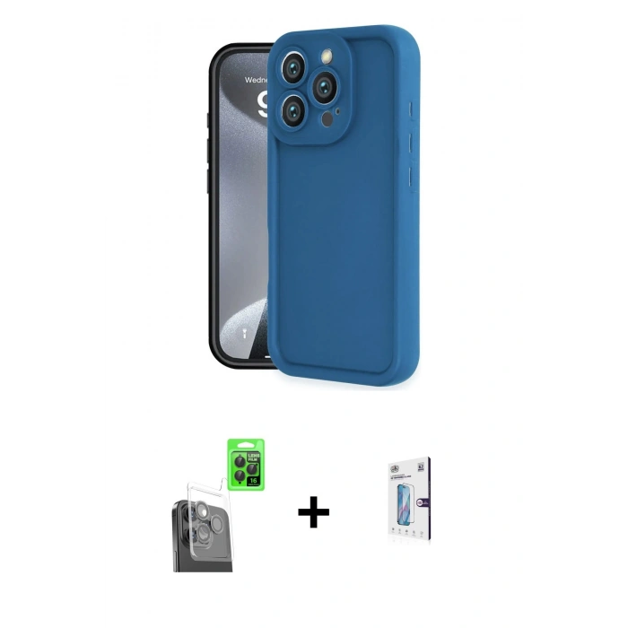 MARSİLYAN™- iPhone 16 Pro Kılıf Yankı Yansıma Özel Seri - Siyah Bilvis 0.18mm Plus Cam Ekran Koruyucu + Raze Metal Kamera Lens - SH