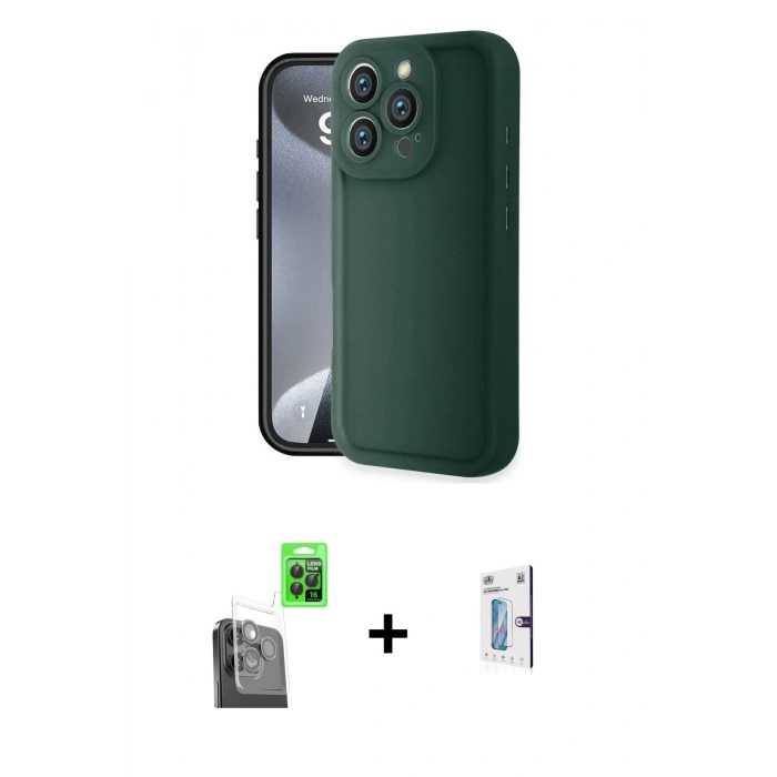 MARSİLYAN™- iPhone 16 Pro Kılıf Yankı Yansıma Özel Seri - Siyah Bilvis 0.18mm Plus Cam Ekran Koruyucu + Raze Metal Kamera Lens - SH