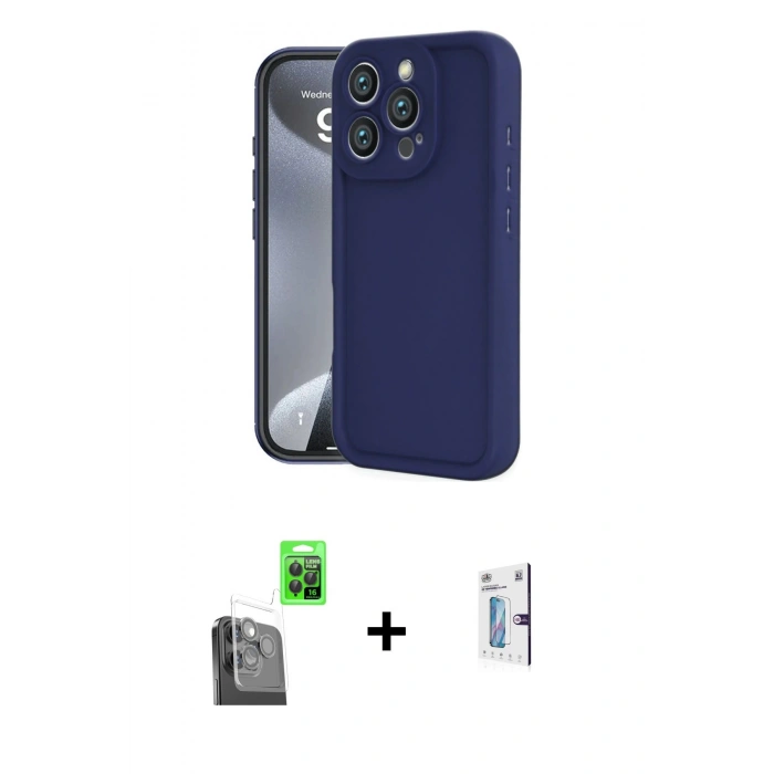 MARSİLYAN™- iPhone 16 Pro Kılıf Yankı Yansıma Özel Seri - Siyah Bilvis 0.18mm Plus Cam Ekran Koruyucu + Raze Metal Kamera Lens - SH
