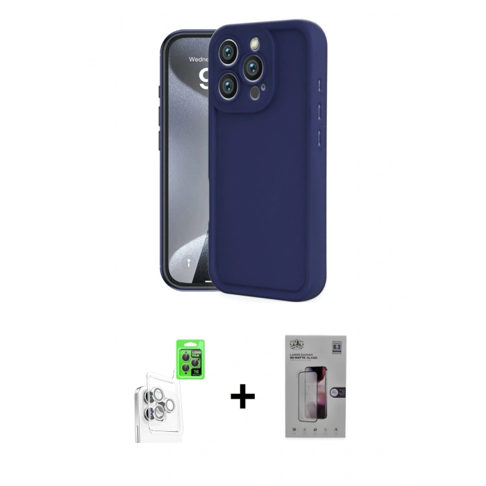 MARSİLYAN™- iPhone 16 Pro Kılıf Yankı Yansıma Özel Seri - Siyah Bilvis 3D Mat Cam Ekran Koruyucu + Beyaz Raze Metal Kamera Lens
