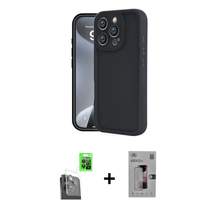 MARSİLYAN™- iPhone 16 Pro Kılıf Yankı Yansıma Özel Seri - Siyah Bilvis 3D Mat Cam Ekran Koruyucu + Raze Metal Kamera Lens - SH