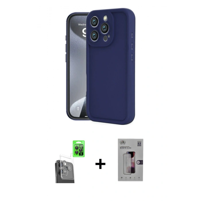 MARSİLYAN™- iPhone 16 Pro Kılıf Yankı Yansıma Özel Seri - Siyah Bilvis 3D Mat Cam Ekran Koruyucu + Raze Metal Kamera Lens - SH
