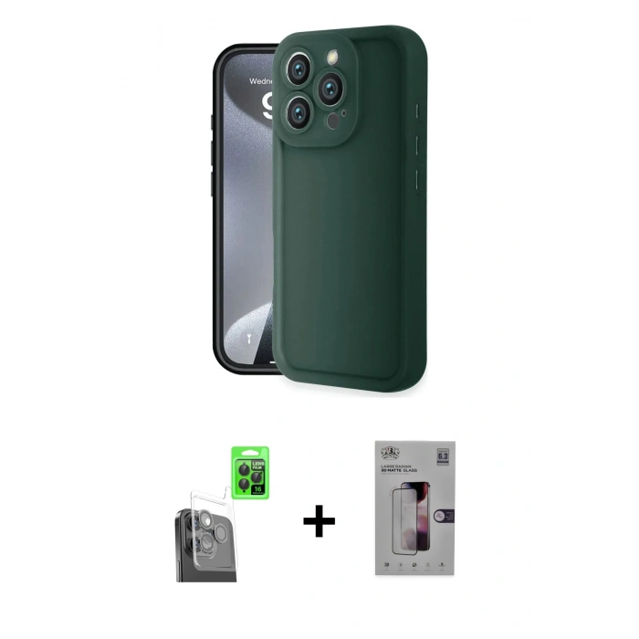 MARSİLYAN™- iPhone 16 Pro Kılıf Yankı Yansıma Özel Seri - Siyah Bilvis 3D Mat Cam Ekran Koruyucu + Raze Metal Kamera Lens - SH