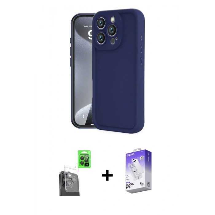 MARSİLYAN™- iPhone 16 Pro Kılıf Yankı Yansıma Özel Seri - Siyah Bilvis 5in1 3D Magic Cam Ekran Koruyucu + Siyah Raze Metal Kamera Lens