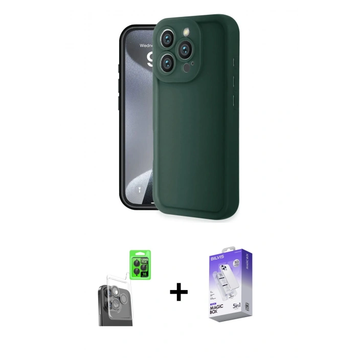 MARSİLYAN™- iPhone 16 Pro Kılıf Yankı Yansıma Özel Seri - Siyah Bilvis 5in1 3D Magic Cam Ekran Koruyucu + Siyah Raze Metal Kamera Lens