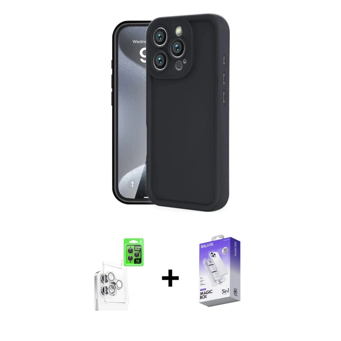 MARSİLYAN™- iPhone 16 Pro Kılıf Yankı Yansıma Özel Seri - Siyah Bilvis 5in1 3D Magic Cam Ekran Koruyucu + Raze Metal Kamera Lens - BZ
