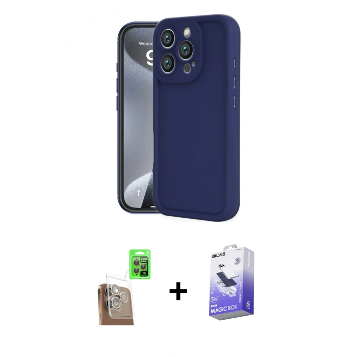 MARSİLYAN™- iPhone 16 Pro Kılıf Yankı Yansıma Özel Seri - Siyah Bilvis 5in1 5D Magic Hayalet Cam Ekran Koruyucu + Raze Metal Kamera Lens - CLTM