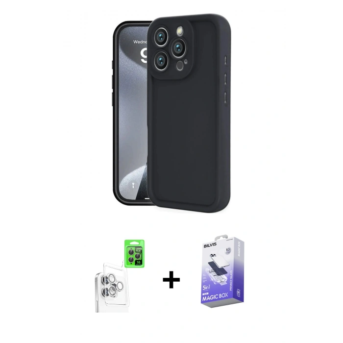 MARSİLYAN™- iPhone 16 Pro Kılıf Yankı Yansıma Özel Seri - Siyah Bilvis 5in1 5D Magic Hayalet Cam Ekran Koruyucu + Raze Metal Kamera Lens - BZ
