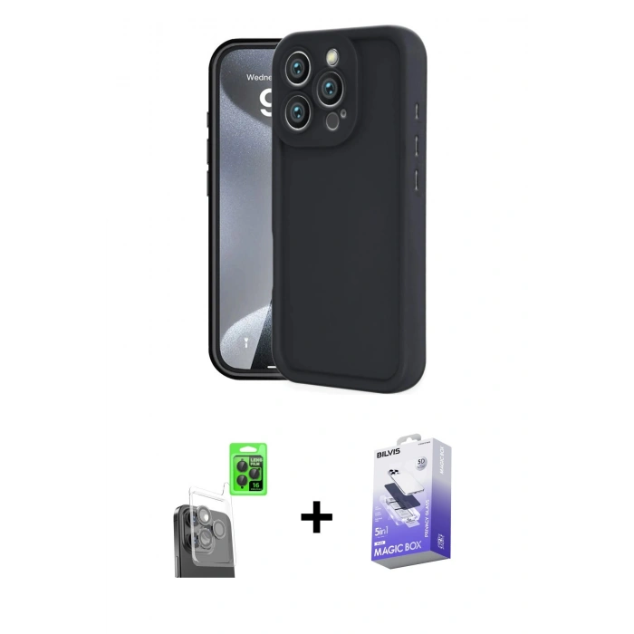 MARSİLYAN™- iPhone 16 Pro Kılıf Yankı Yansıma Özel Seri - Siyah Bilvis 5in1 5D Magic Hayalet Cam Ekran Koruyucu + Siyah Raze Metal Kamera Lens