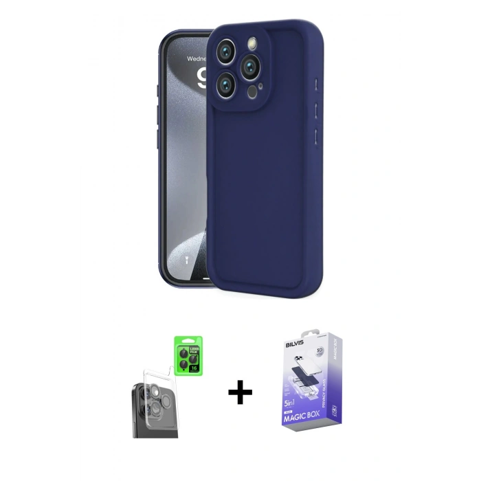 MARSİLYAN™- iPhone 16 Pro Kılıf Yankı Yansıma Özel Seri - Siyah Bilvis 5in1 5D Magic Hayalet Cam Ekran Koruyucu + Siyah Raze Metal Kamera Lens