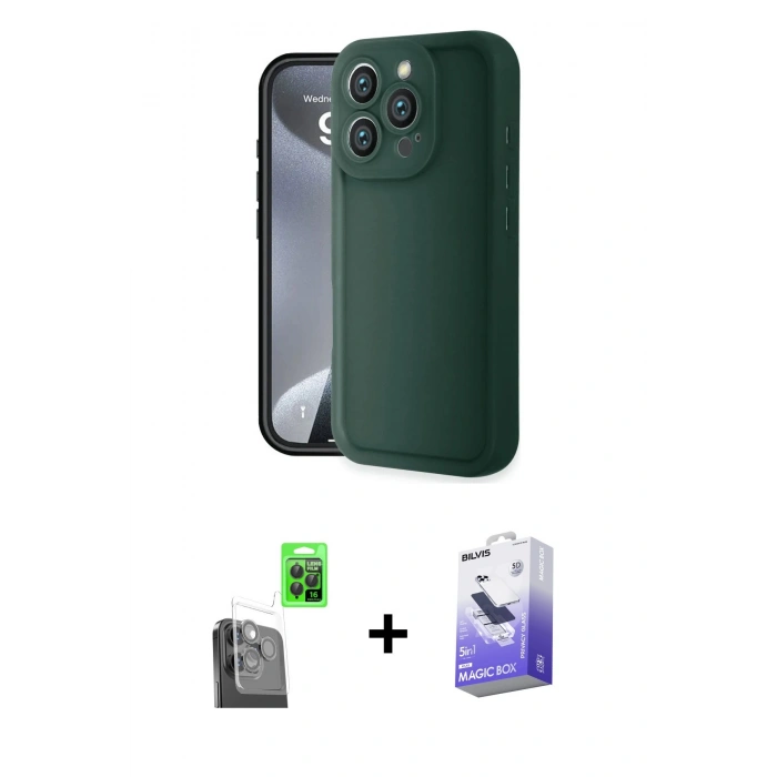 MARSİLYAN™- iPhone 16 Pro Kılıf Yankı Yansıma Özel Seri - Siyah Bilvis 5in1 5D Magic Hayalet Cam Ekran Koruyucu + Siyah Raze Metal Kamera Lens