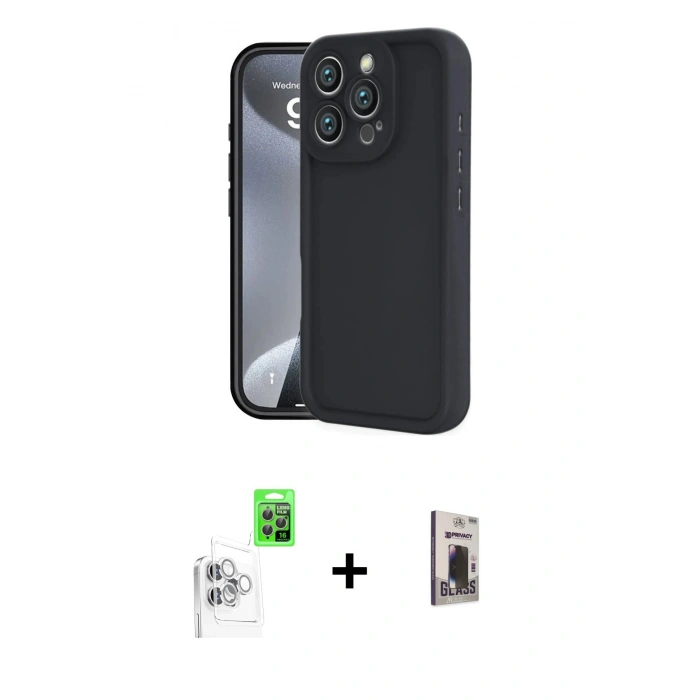 MARSİLYAN™- iPhone 16 Pro Kılıf Yankı Yansıma Özel Seri - Siyah Bilvis Hayalet Cam Ekran Koruyucu + Raze Metal Kamera Lens - BZ