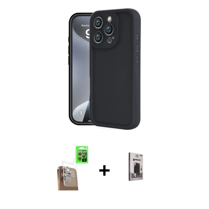 MARSİLYAN™- iPhone 16 Pro Kılıf Yankı Yansıma Özel Seri - Siyah Bilvis Hayalet Cam Ekran Koruyucu + Raze Metal Kamera Lens - CLTM