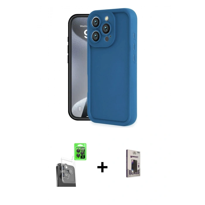 MARSİLYAN™- iPhone 16 Pro Kılıf Yankı Yansıma Özel Seri - Siyah Bilvis Hayalet Cam Ekran Koruyucu + Raze Metal Kamera Lens - SH
