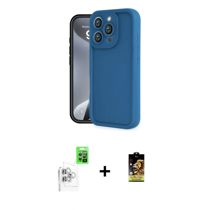 MARSİLYAN™- iPhone 16 Pro Kılıf Yankı Yansıma Özel Seri - Siyah Buffer Cam Ekran Koruyucu + Raze Metal Kamera Lens - BZ