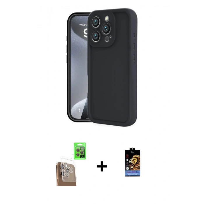 MARSİLYAN™- iPhone 16 Pro Kılıf Yankı Yansıma Özel Seri - Siyah Buffer Hayalet Cam Ekran Koruyucu + Çöl Titanyum Raze Metal Kamera Lens