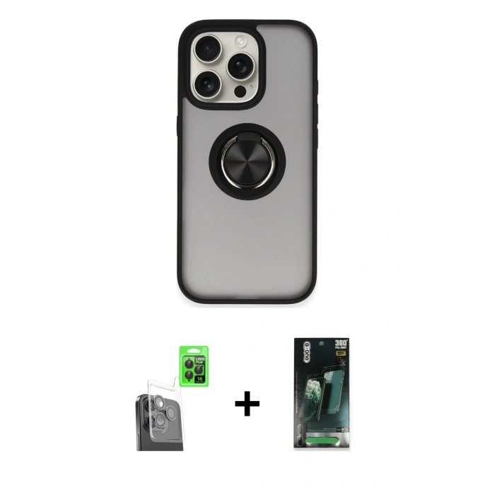 MARSİLYAN™- iPhone 16 Pro Kılıf Yörünge Çizgi - Siyah 360 Mat Full Body Arka Koruyucu + Raze Metal Kamera Lens - SH