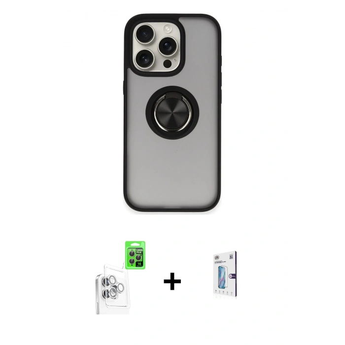 MARSİLYAN™- iPhone 16 Pro Kılıf Yörünge Çizgi - Siyah Bilvis 0.18mm Plus Cam Ekran Koruyucu + Raze Metal Kamera Lens - BZ