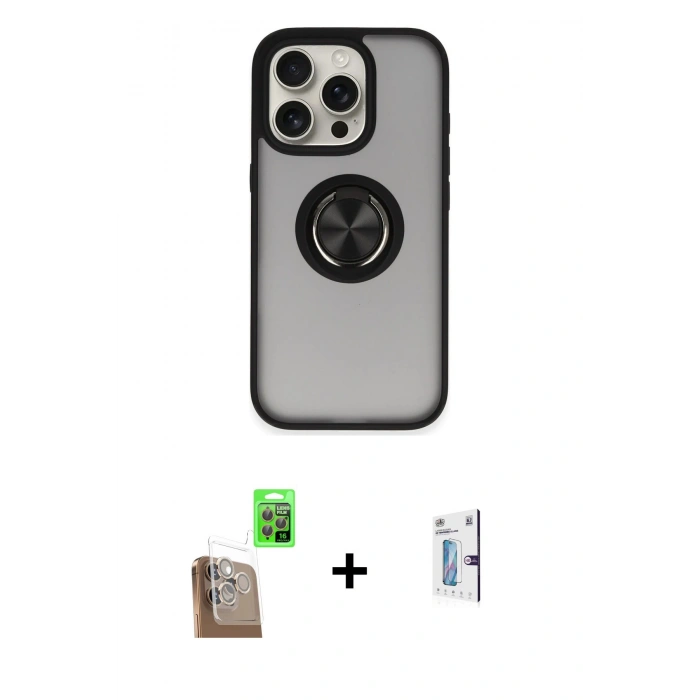 MARSİLYAN™- iPhone 16 Pro Kılıf Yörünge Çizgi - Siyah Bilvis 0.18mm Plus Cam Ekran Koruyucu + Raze Metal Kamera Lens - CLTM