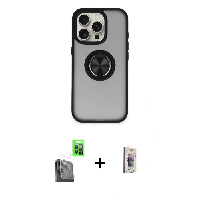 MARSİLYAN™- iPhone 16 Pro Kılıf Yörünge Çizgi - Siyah Bilvis 3D Cam Ekran Koruyucu + Raze Metal Kamera Lens - SH