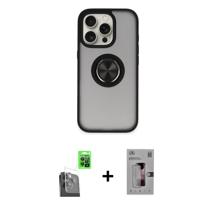 MARSİLYAN™- iPhone 16 Pro Kılıf Yörünge Çizgi - Siyah Bilvis 3D Mat Cam Ekran Koruyucu + Raze Metal Kamera Lens - SH