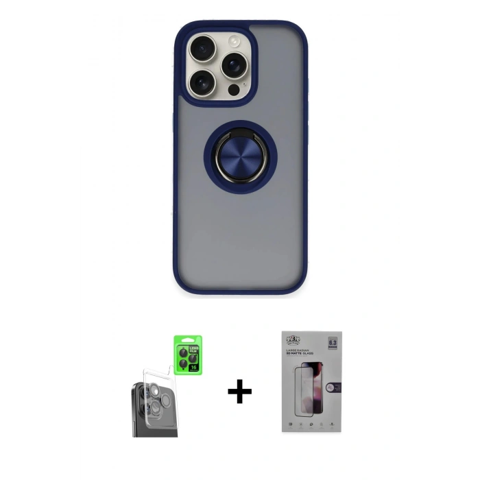MARSİLYAN™- iPhone 16 Pro Kılıf Yörünge Çizgi - Siyah Bilvis 3D Mat Cam Ekran Koruyucu + Raze Metal Kamera Lens - SH