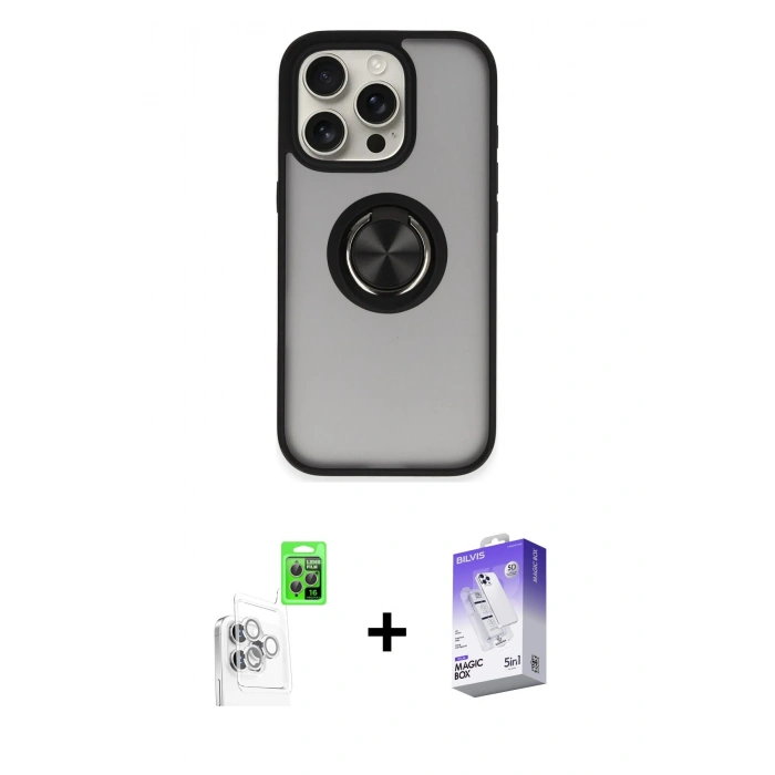 MARSİLYAN™- iPhone 16 Pro Kılıf Yörünge Çizgi - Siyah Bilvis 5in1 3D Magic Cam Ekran Koruyucu + Raze Metal Kamera Lens - BZ