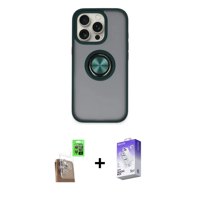 MARSİLYAN™- iPhone 16 Pro Kılıf Yörünge Çizgi - Siyah Bilvis 5in1 3D Magic Cam Ekran Koruyucu + Raze Metal Kamera Lens - CLTM