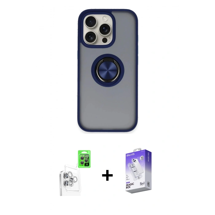 MARSİLYAN™- iPhone 16 Pro Kılıf Yörünge Çizgi - Siyah Bilvis 5in1 3D Magic Cam Ekran Koruyucu + Raze Metal Kamera Lens - BZ