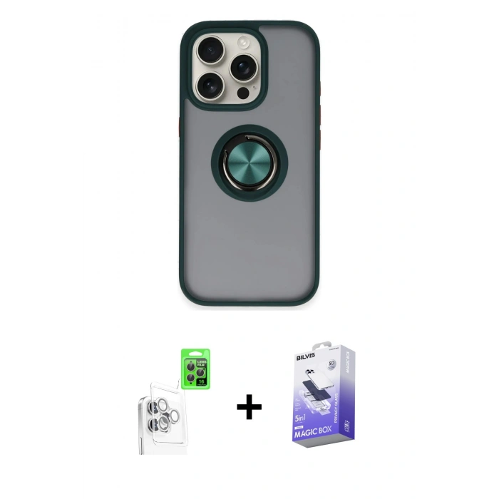 MARSİLYAN™- iPhone 16 Pro Kılıf Yörünge Çizgi - Siyah Bilvis 5in1 5D Magic Hayalet Cam Ekran Koruyucu + Raze Metal Kamera Lens - BZ