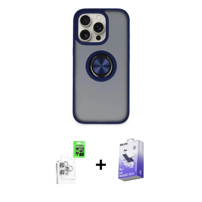 MARSİLYAN™- iPhone 16 Pro Kılıf Yörünge Çizgi - Siyah Bilvis 5in1 5D Magic Hayalet Cam Ekran Koruyucu + Raze Metal Kamera Lens - BZ