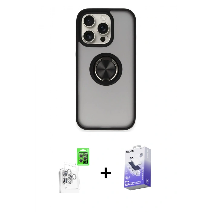 MARSİLYAN™- iPhone 16 Pro Kılıf Yörünge Çizgi - Siyah Bilvis 5in1 5D Magic Hayalet Cam Ekran Koruyucu + Raze Metal Kamera Lens - BZ