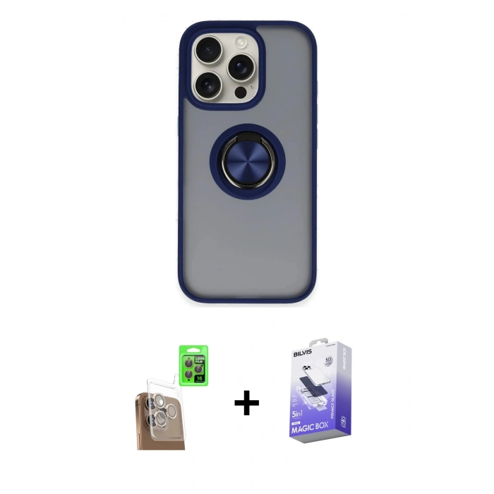 MARSİLYAN™- iPhone 16 Pro Kılıf Yörünge Çizgi - Siyah Bilvis 5in1 5D Magic Hayalet Cam Ekran Koruyucu + Çöl Titanyum Raze Metal Kamera Lens