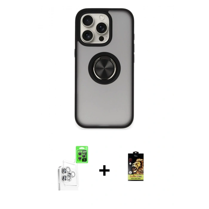 MARSİLYAN™- iPhone 16 Pro Kılıf Yörünge Çizgi - Siyah Buffer Cam Ekran Koruyucu + Raze Metal Kamera Lens - BZ