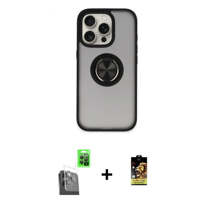 MARSİLYAN™- iPhone 16 Pro Kılıf Yörünge Çizgi - Siyah Buffer Cam Ekran Koruyucu + Raze Metal Kamera Lens - SH