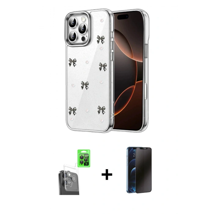 MARSİLYAN™- iPhone 16 Pro Kılıf Yörünge Form - Siyah 3D Antistatik Hayalet Cam Ekran Koruyucu + Raze Metal Kamera Lens - SH