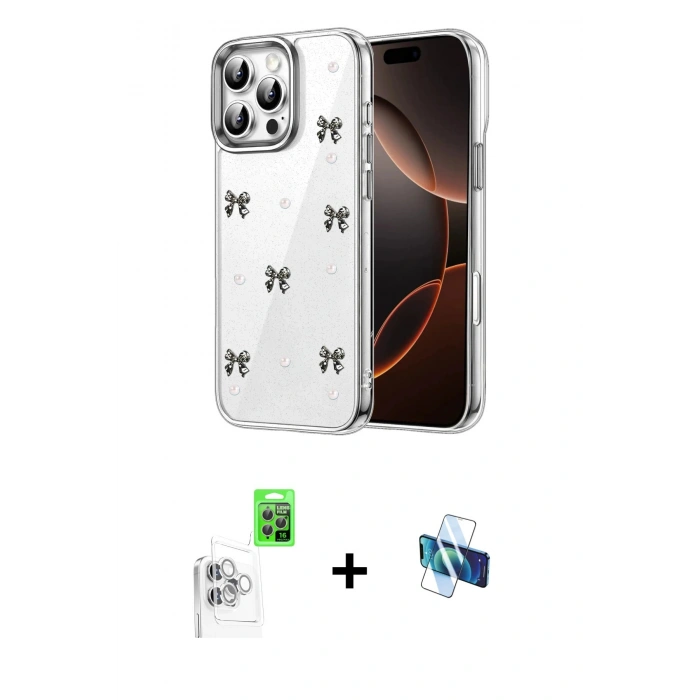 MARSİLYAN™- iPhone 16 Pro Kılıf Yörünge Form - Siyah 3D Antistatik Seramik Nano Ekran Koruyucu + Raze Metal Kamera Lens - BZ