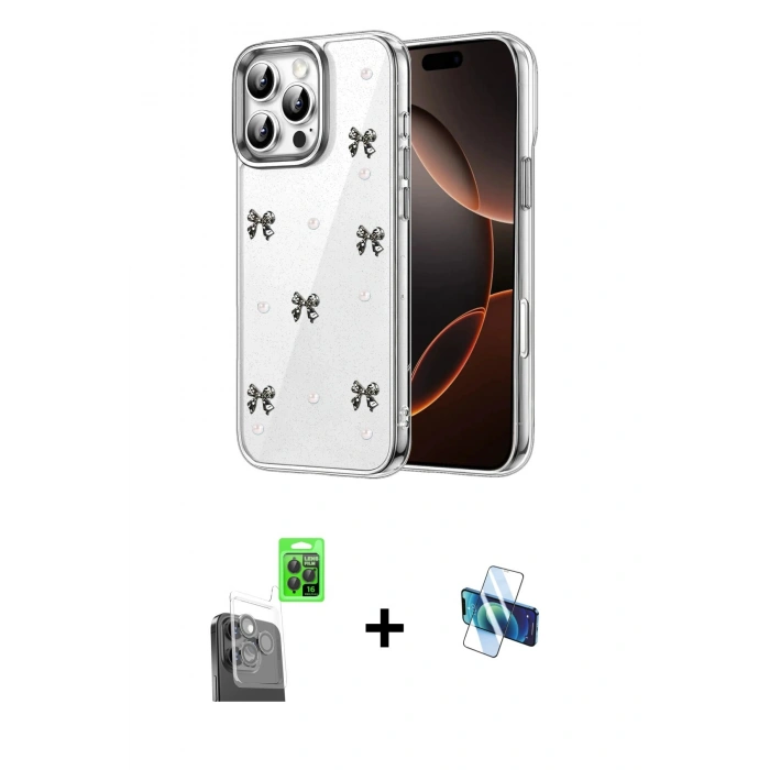 MARSİLYAN™- iPhone 16 Pro Kılıf Yörünge Form - Siyah 3D Antistatik Seramik Nano Ekran Koruyucu + Raze Metal Kamera Lens - SH
