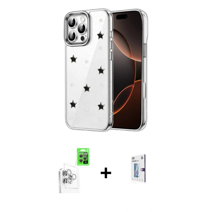 MARSİLYAN™- iPhone 16 Pro Kılıf Yörünge Form - Siyah Bilvis 0.18mm Plus Cam Ekran Koruyucu + Raze Metal Kamera Lens - BZ