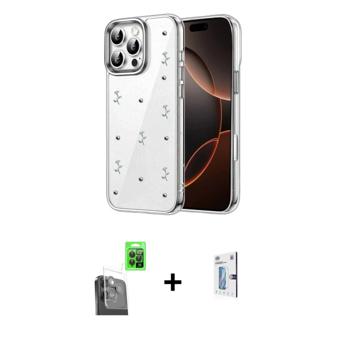 MARSİLYAN™- iPhone 16 Pro Kılıf Yörünge Form - Siyah Bilvis 0.18mm Plus Cam Ekran Koruyucu + Raze Metal Kamera Lens - SH