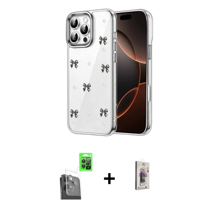 MARSİLYAN™- iPhone 16 Pro Kılıf Yörünge Form - Siyah Bilvis 3D Cam Ekran Koruyucu + Raze Metal Kamera Lens - SH