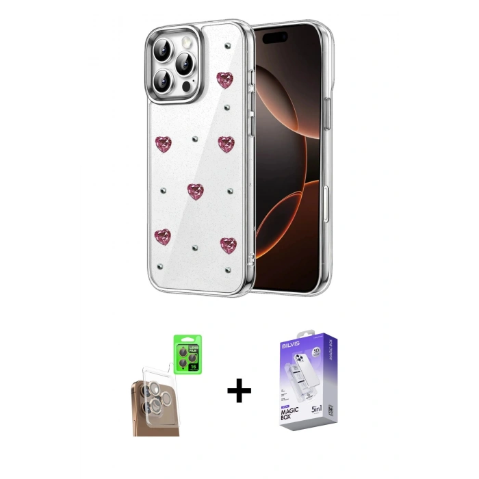 MARSİLYAN™- iPhone 16 Pro Kılıf Yörünge Form - Siyah Bilvis 5in1 3D Magic Cam Ekran Koruyucu + Raze Metal Kamera Lens - CLTM