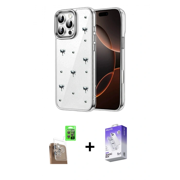 MARSİLYAN™- iPhone 16 Pro Kılıf Yörünge Form - Siyah Bilvis 5in1 3D Magic Cam Ekran Koruyucu + Raze Metal Kamera Lens - CLTM