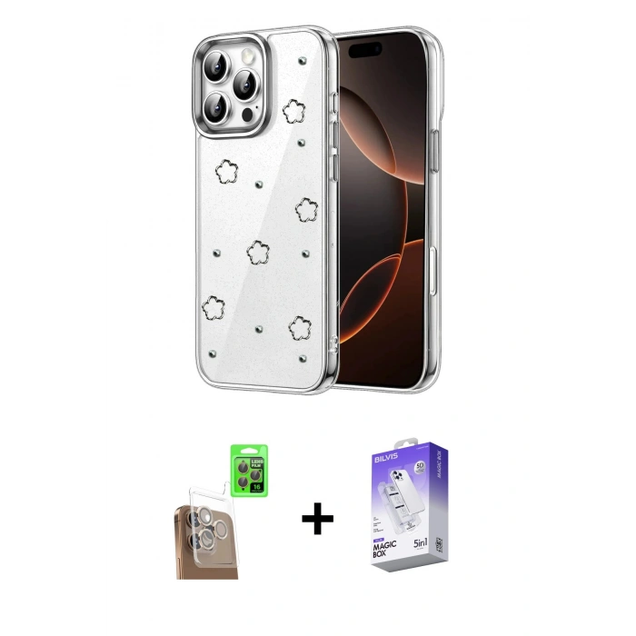 MARSİLYAN™- iPhone 16 Pro Kılıf Yörünge Form - Siyah Bilvis 5in1 3D Magic Cam Ekran Koruyucu + Raze Metal Kamera Lens - CLTM