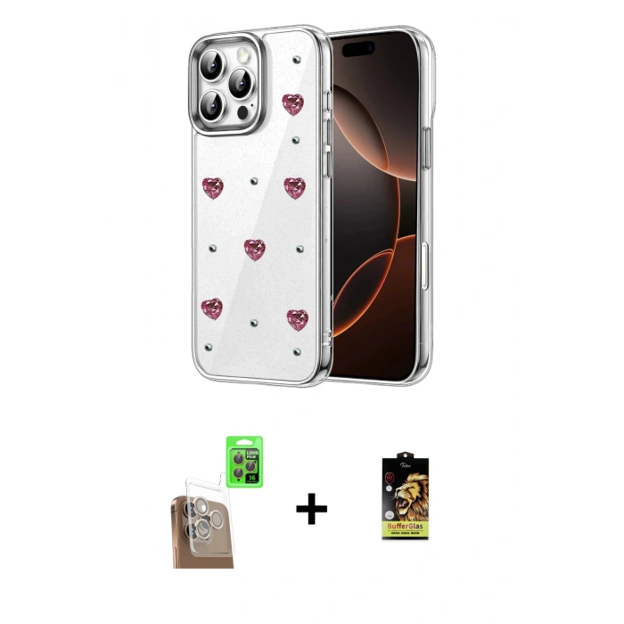MARSİLYAN™- iPhone 16 Pro Kılıf Yörünge Form - Siyah Buffer Cam Ekran Koruyucu + Çöl Titanyum Raze Metal Kamera Lens