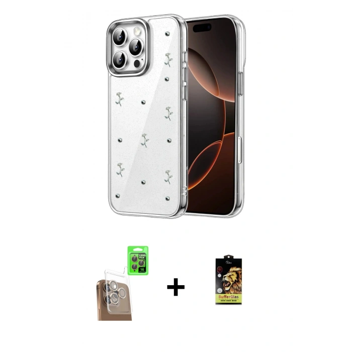 MARSİLYAN™- iPhone 16 Pro Kılıf Yörünge Form - Siyah Buffer Cam Ekran Koruyucu + Çöl Titanyum Raze Metal Kamera Lens