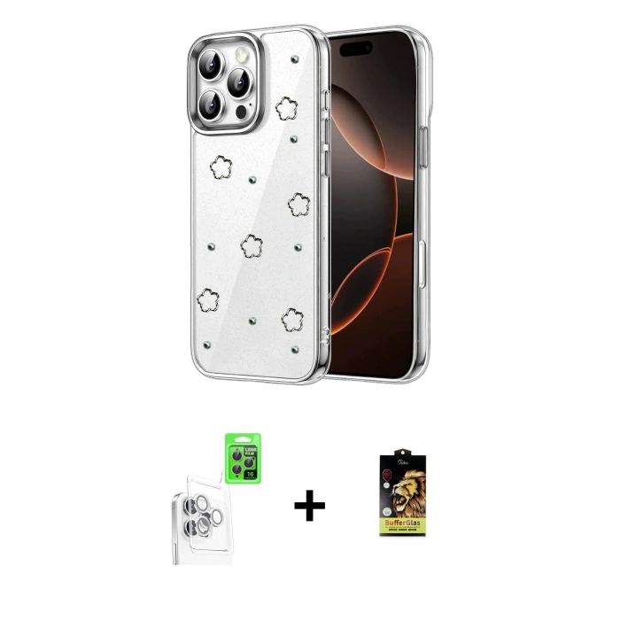 MARSİLYAN™- iPhone 16 Pro Kılıf Yörünge Form - Siyah Buffer Cam Ekran Koruyucu + Raze Metal Kamera Lens - BZ